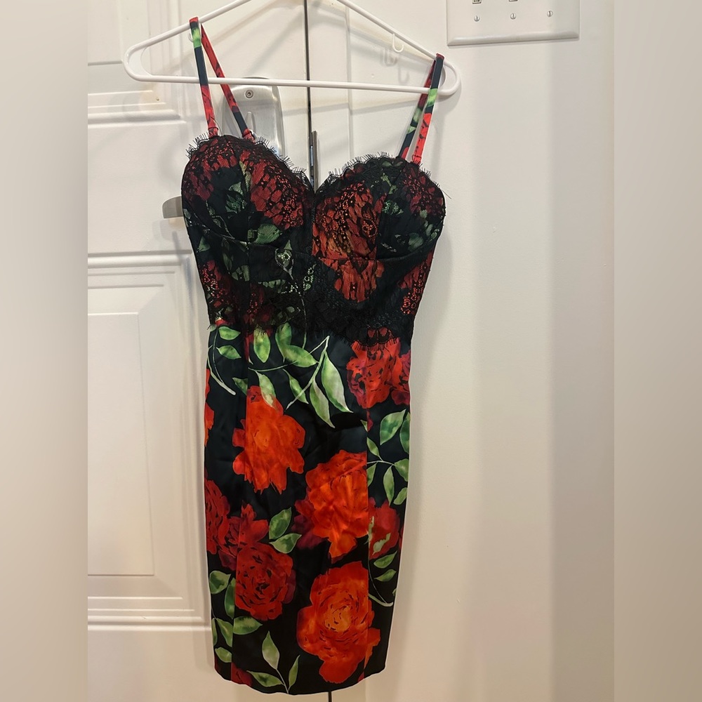 BEBE Satin Bustier Floral Spring Adjustable Spaghetti Dress with Lace Details